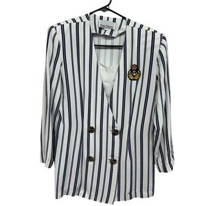 Sheri Martin Striped Nautical Blazer 10 Anchor Crest Gold Button Preppy Vintage